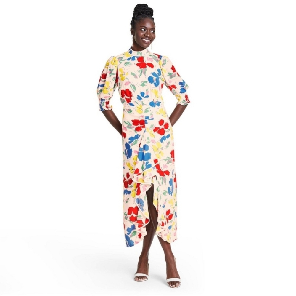 Rixo x Target White Floral Mock Neck Cascade Ruffle Dress Size 2 NWT